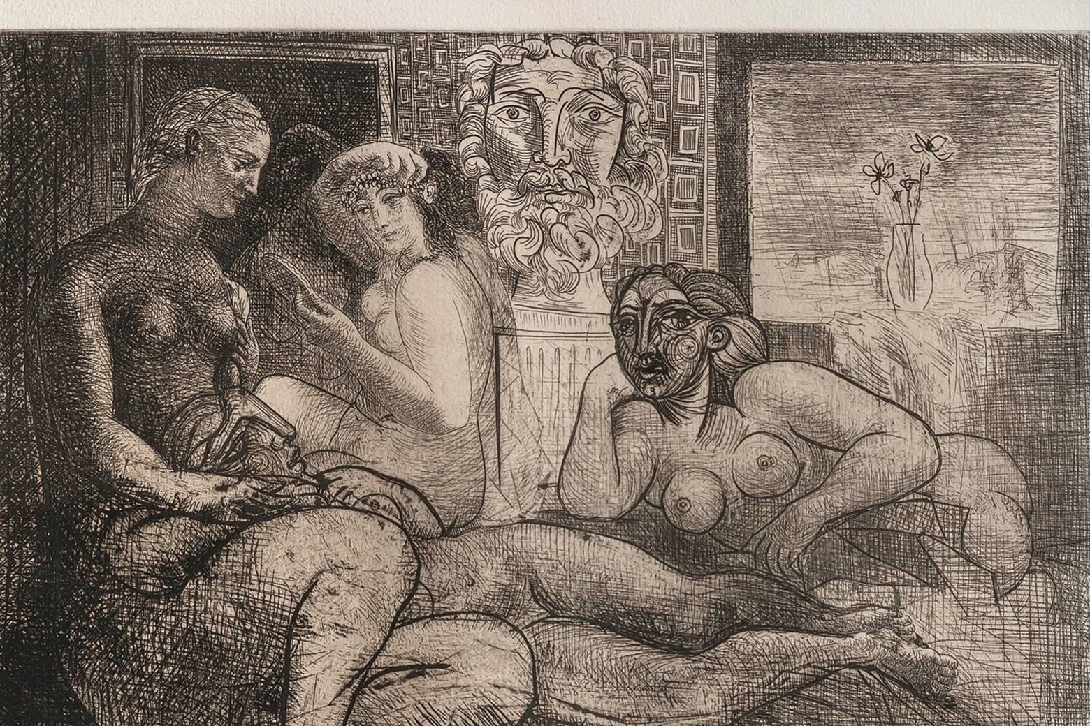 sketch of nude women near a marble bust of a man