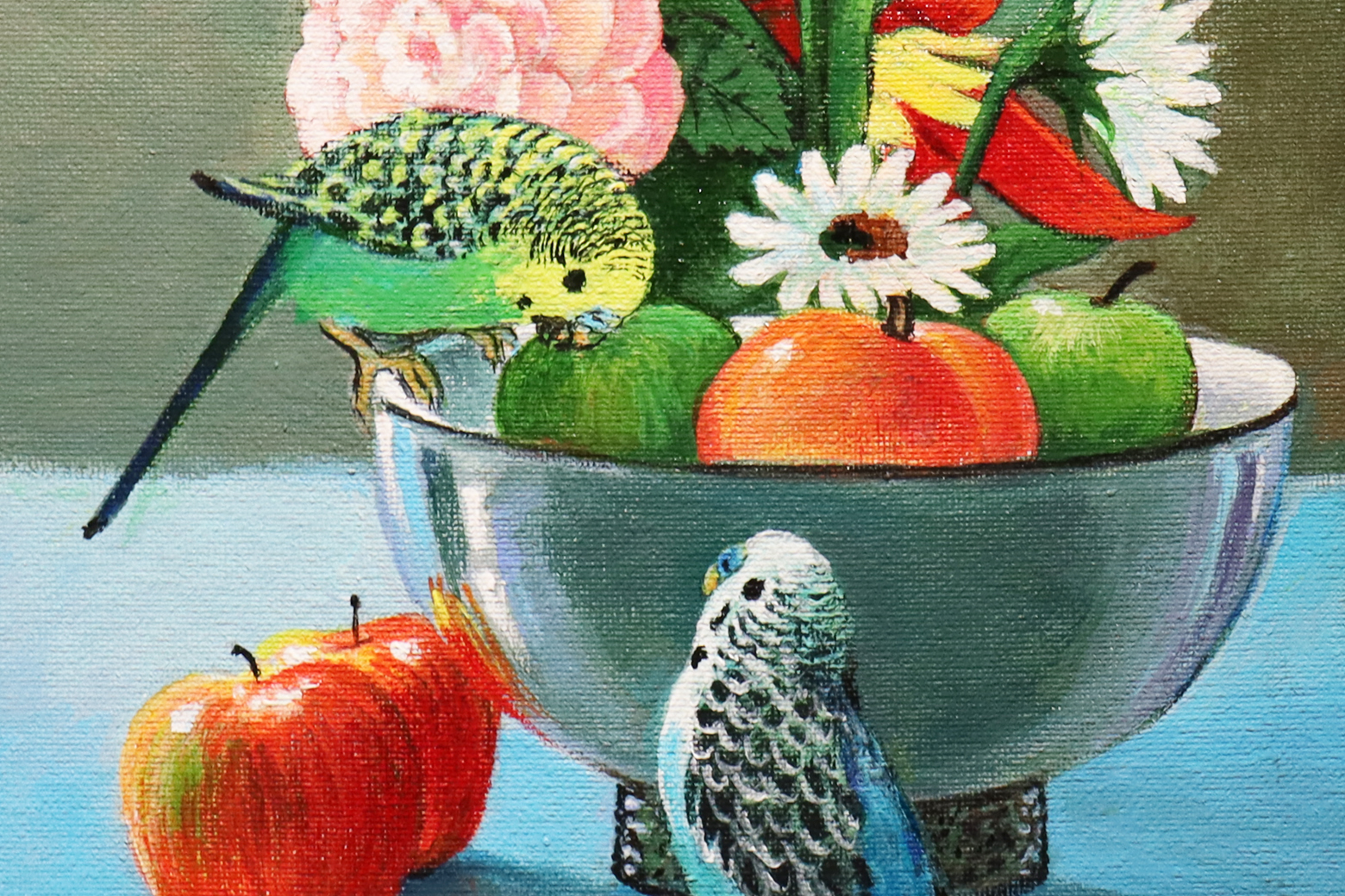 Parakeets investigating a bowl of fruit