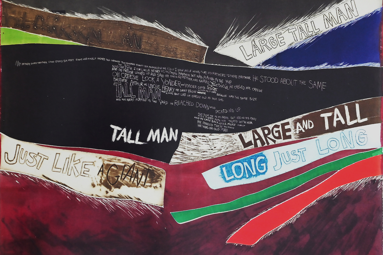 Painted scraps of paper reading tall man