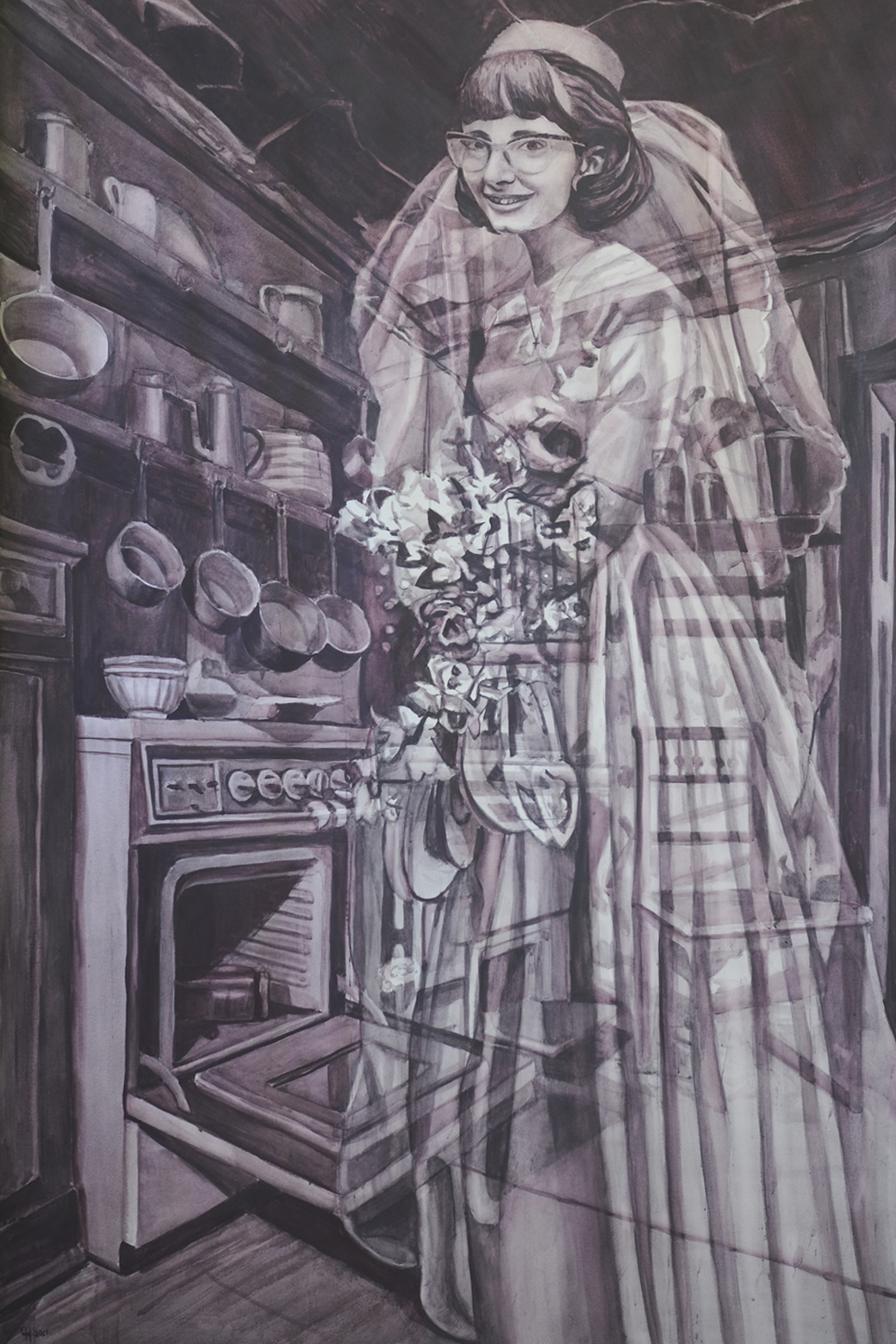 liquid pencil sketch of a bride in the kitchen 