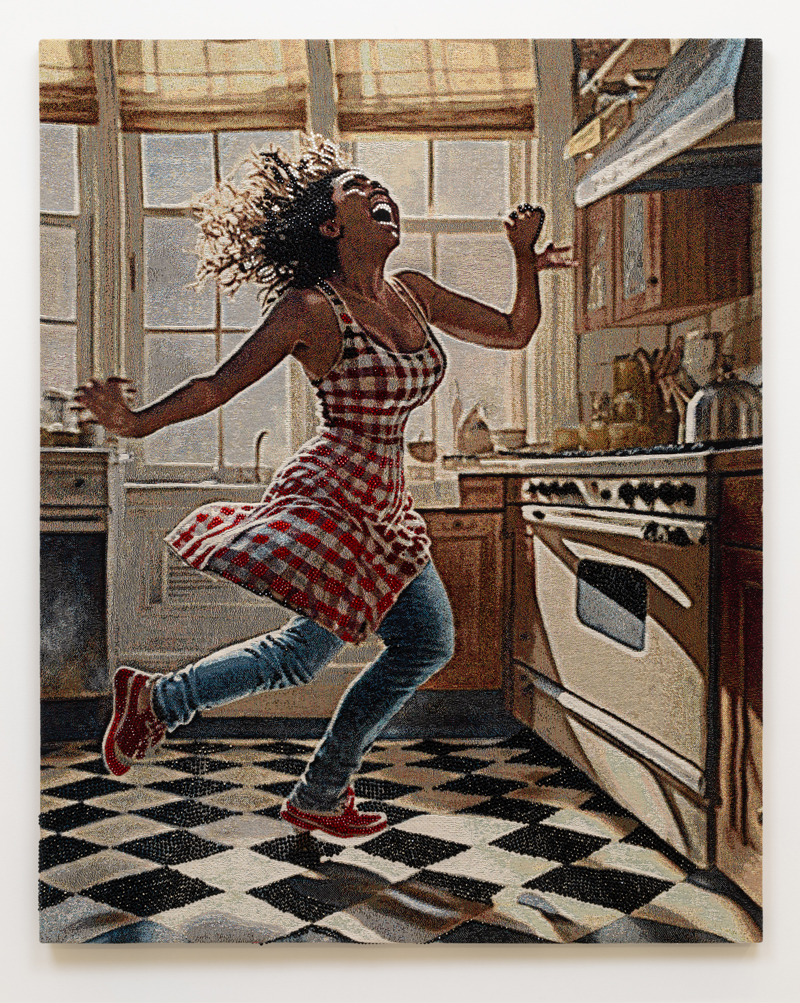 Woman dancing in the Kitchen with black and white tile floor