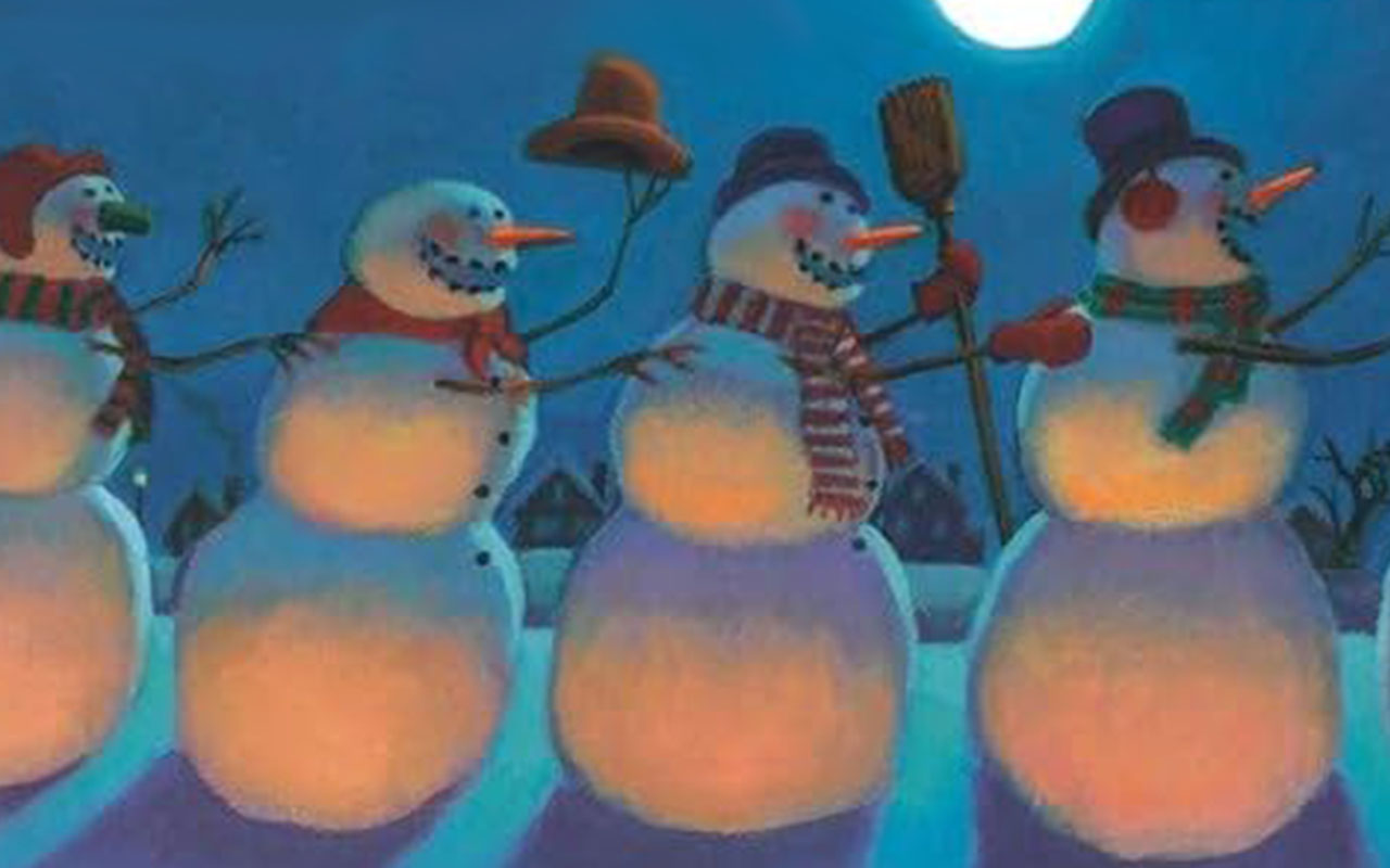 acrylic painting of 3D snowmen