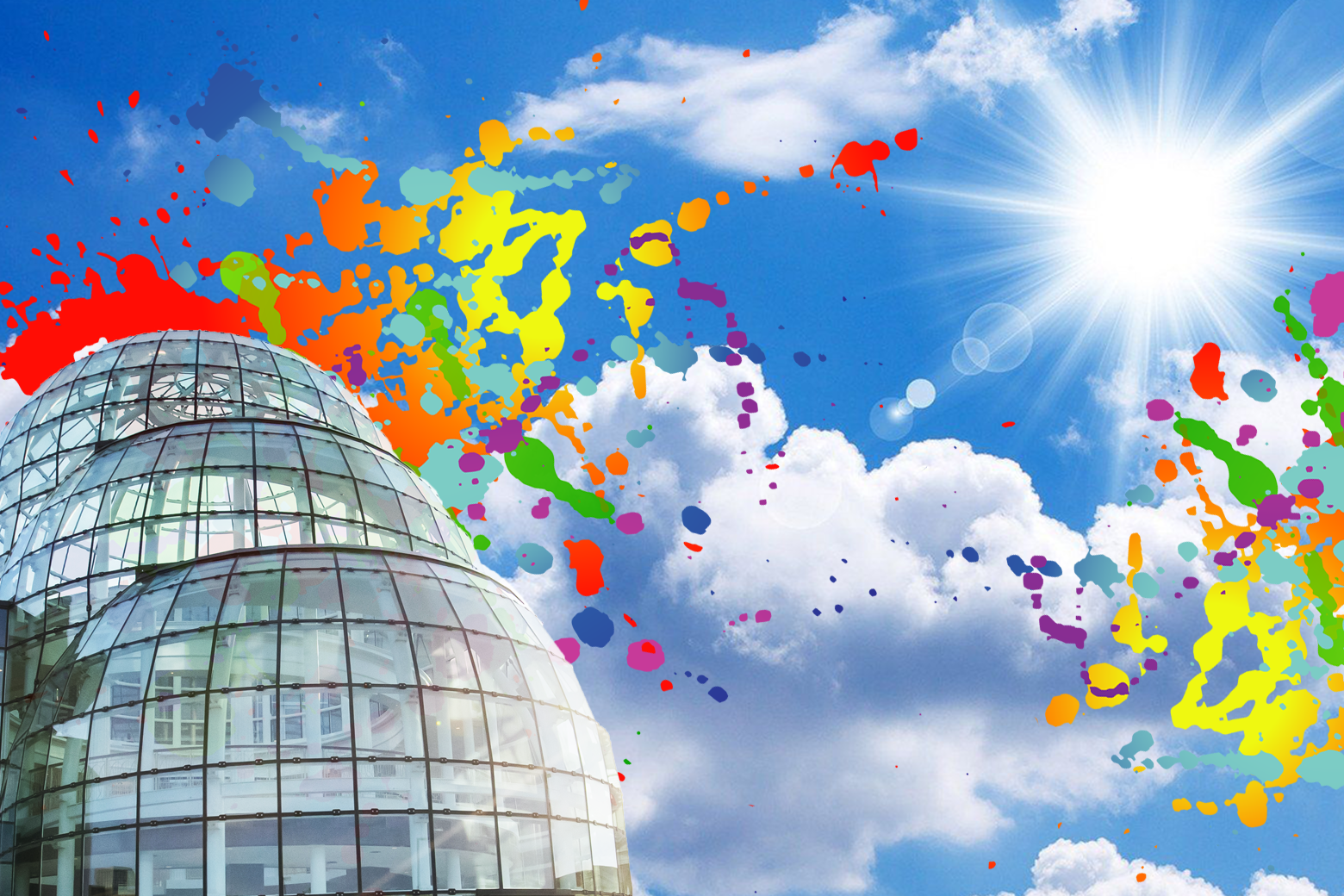 Torggler domes against a blue sky with paint splotches overlaid on top