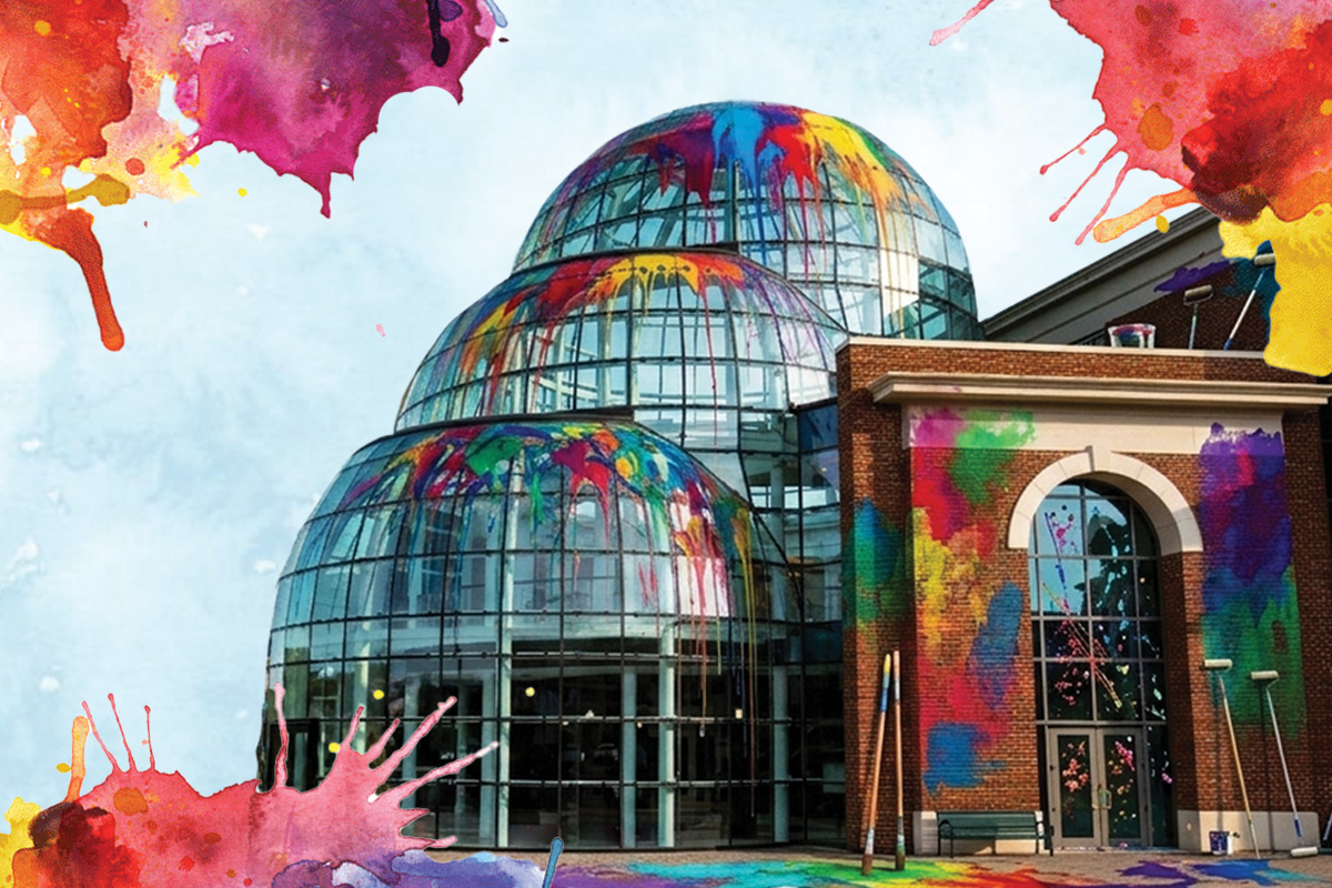 A teacher instructs students with colored pencils in the foreground